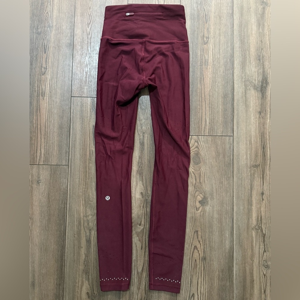 Lululemon Burgundy Perforated Running Leggings Size 4 Zip Pocket